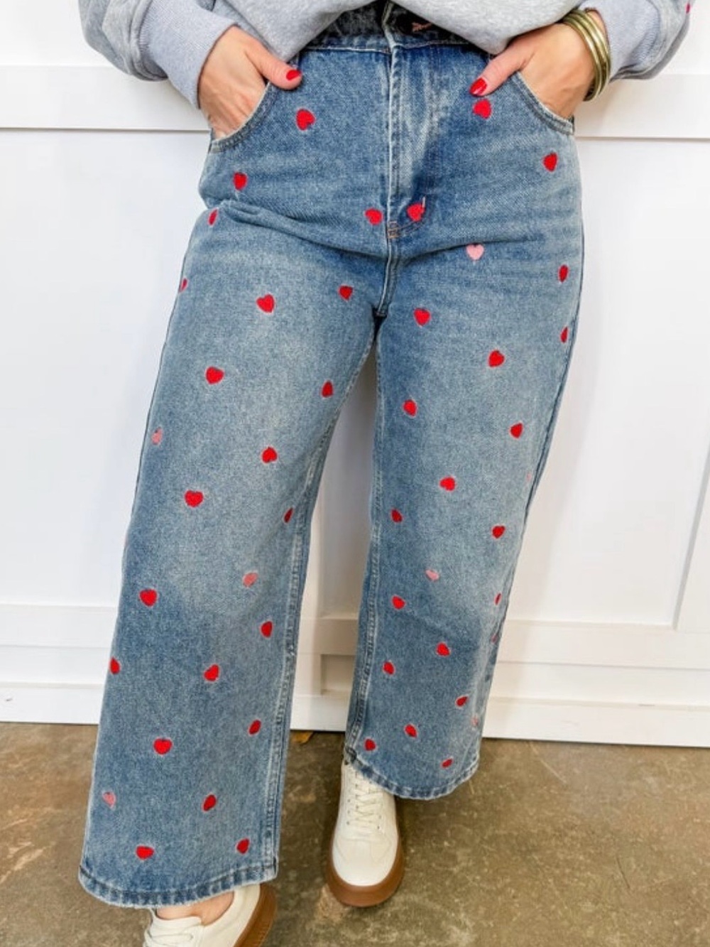 Women’s Blue Denim Wide-Leg Jeans with Red Heart Print